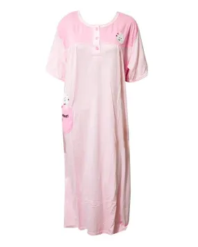 Baby Pink Long Nighty Plained & Side Pocket,Front Button 901 -  Women Nightdress