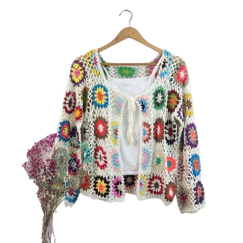 CQM Design Women's Elegant Retro Fashion Crochet Woven Sweater Jacket