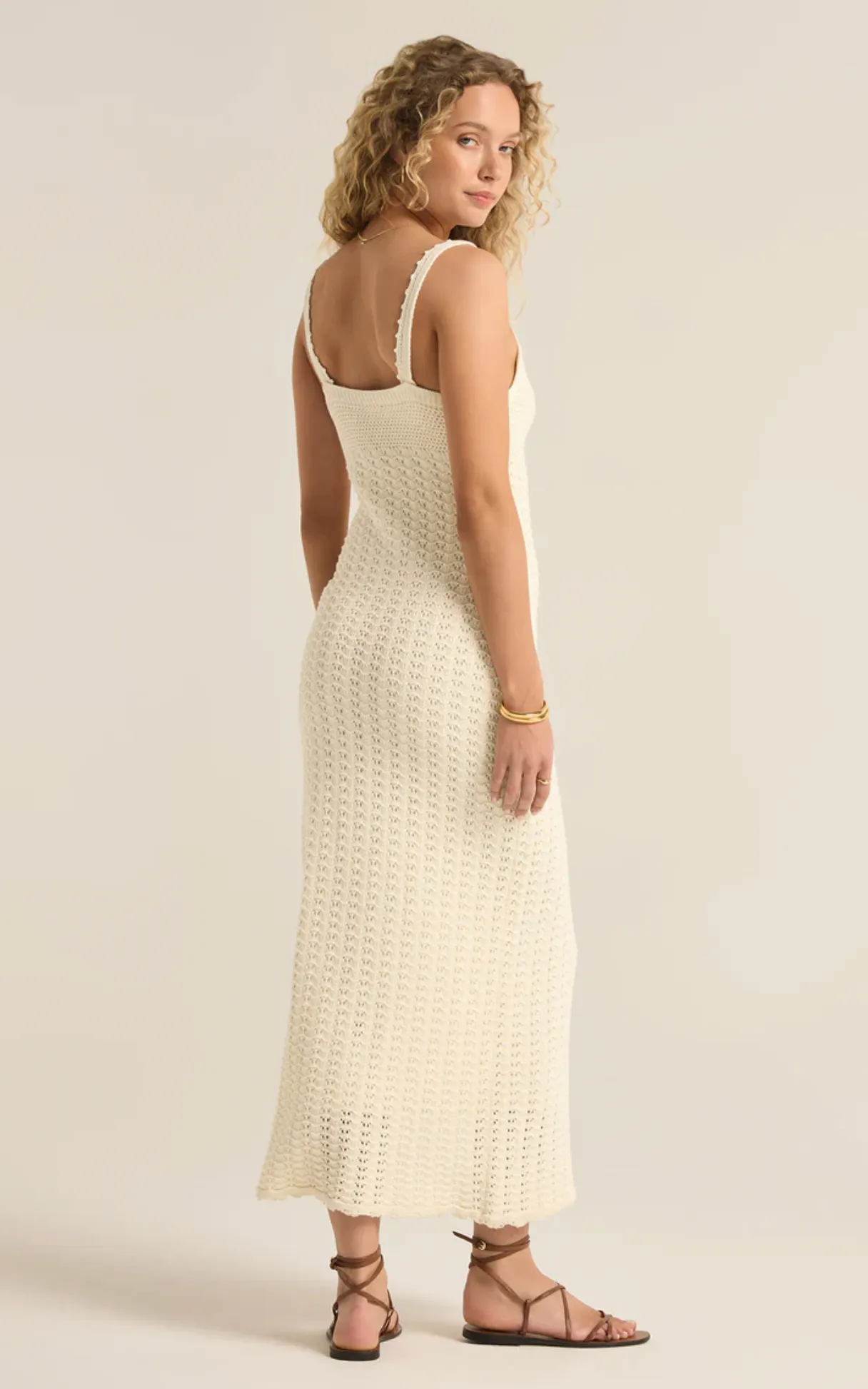 Eleena Knit Crochet Midi Dress | Sandstone - LARGE