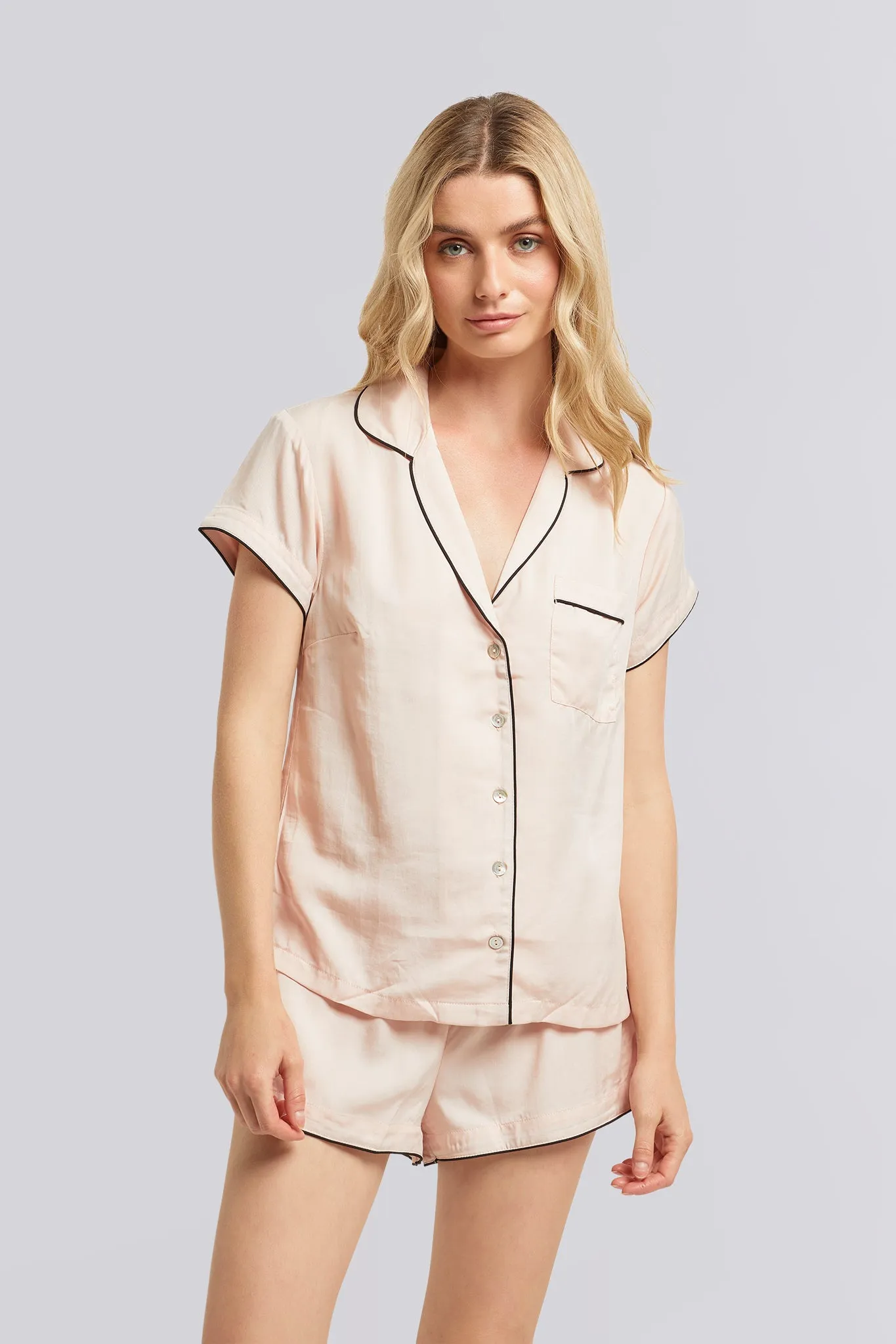 Eva Short Tencel™ Pyjama Set - Blush with Black Piping