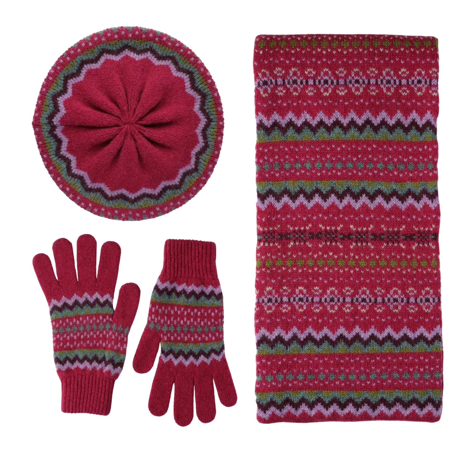 Fairisle Beret Gloves Scarf Set in Pink | Hope | Lomond Lambswool