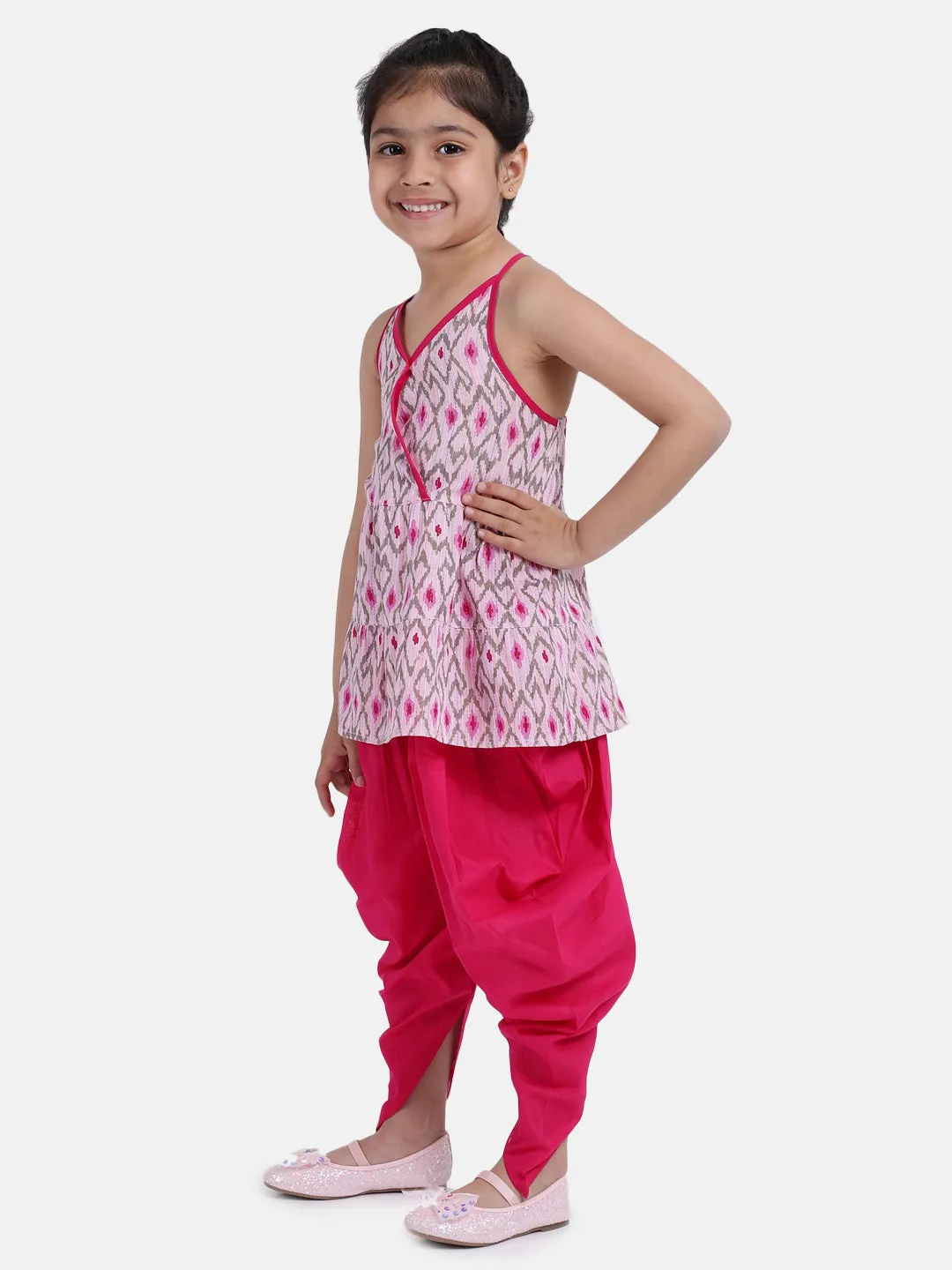 Girls Cambric Cotton Halter Neck Top Dhoti Summer Indo Western Clothing Sets Pink