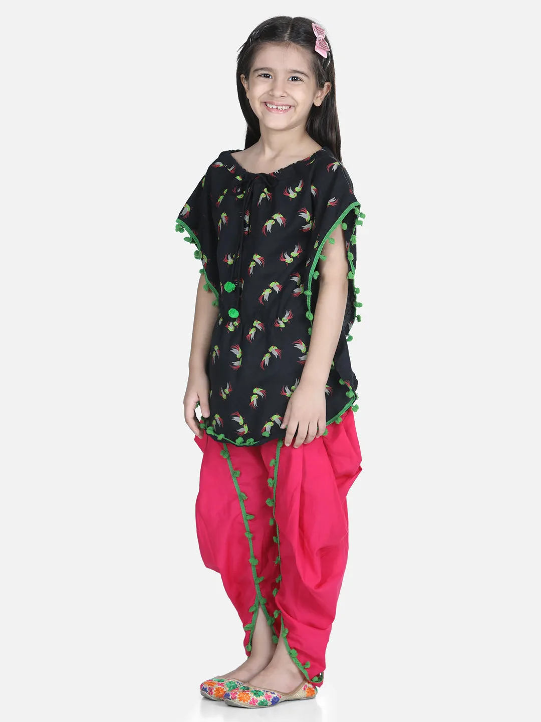 Girls Cotton Kaftan Dhoti With Pompom Indo Western Clothing Set S- Black