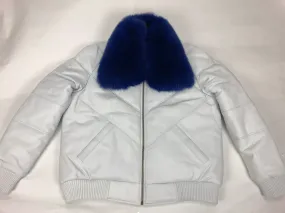 Men's V-Bomber White Premium Royal Blue Fox Collar