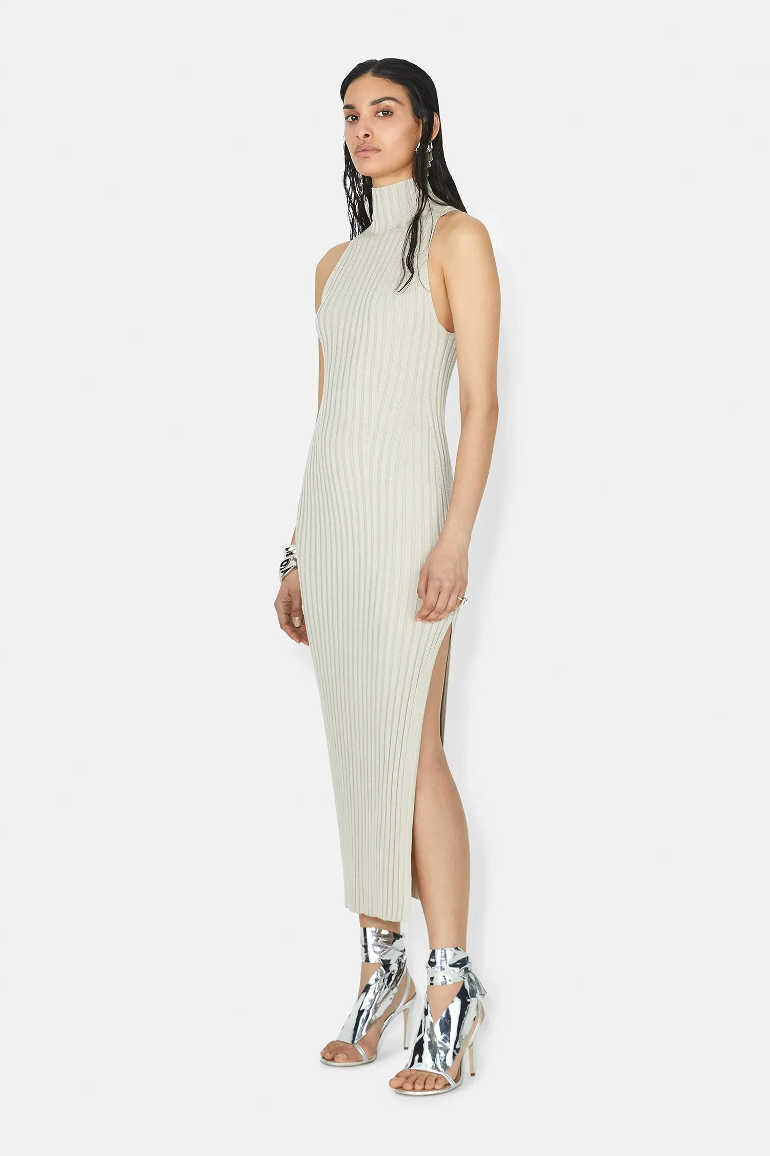 Metallic Rhea Turtleneck Dress - Oyster