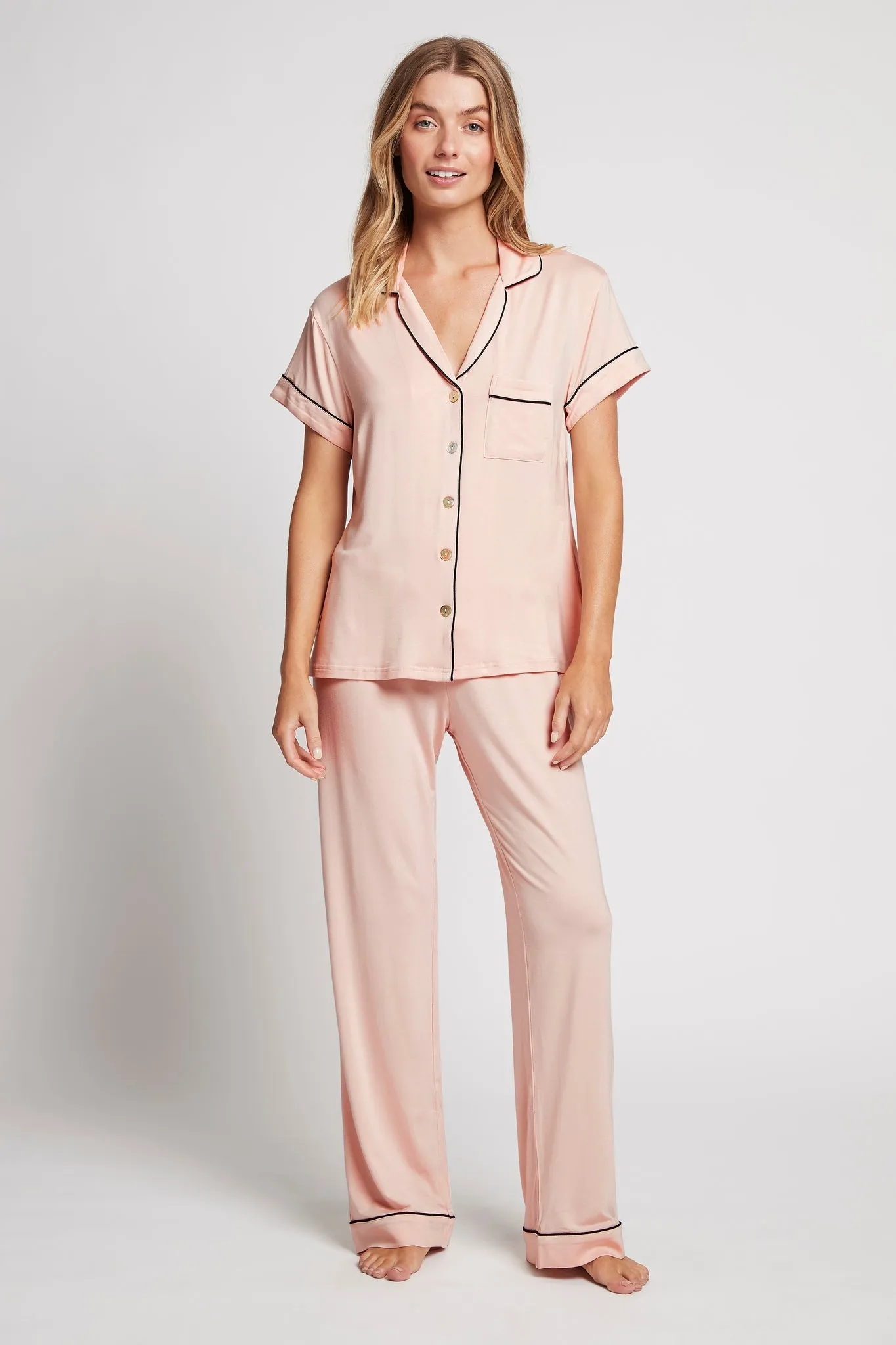 Petra Tencel™ Short Sleeve with Long Pant Pyjama Set - Blush with Black Piping