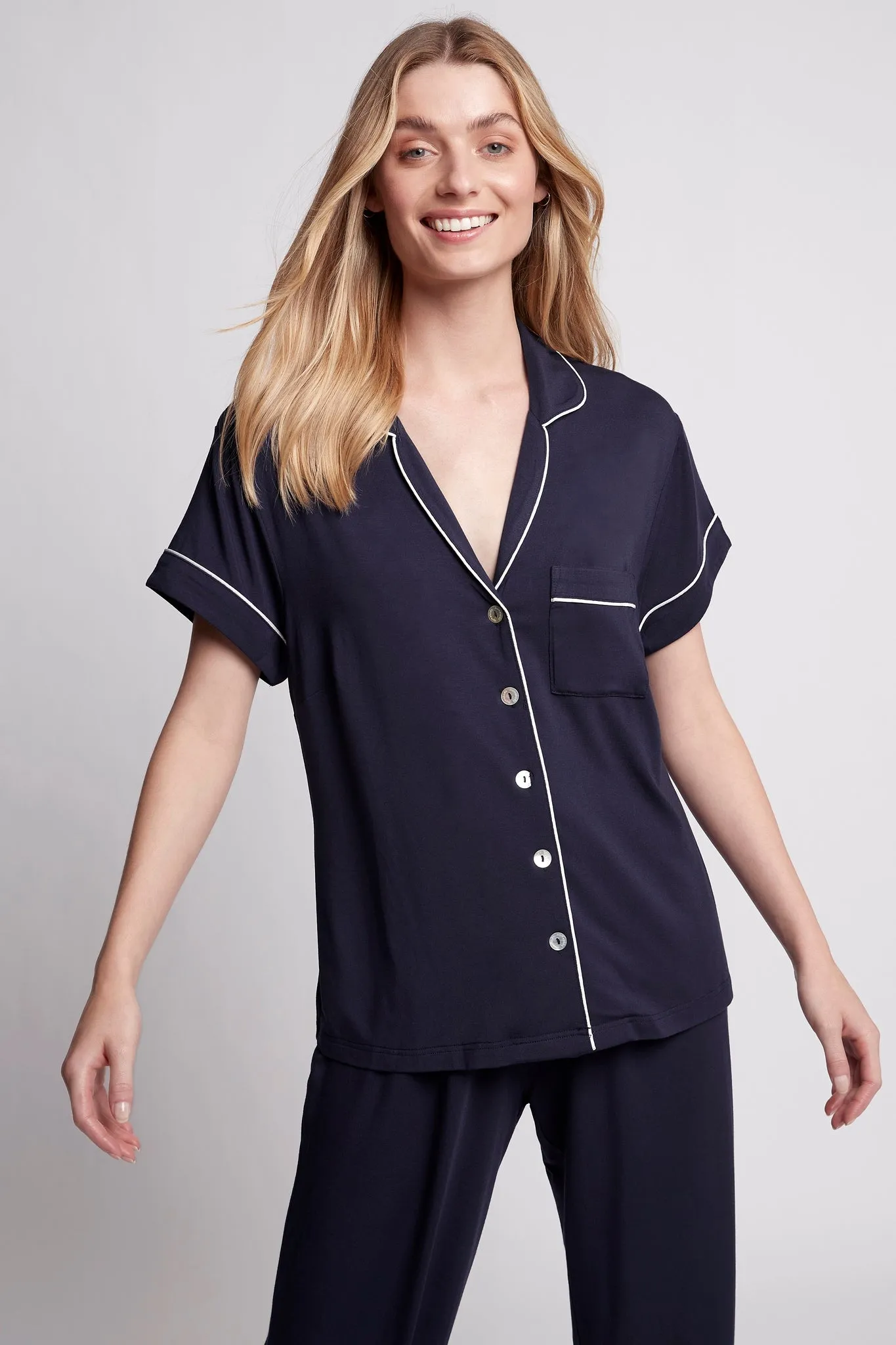 Petra Tencel™ Short Sleeve with Long Pant Pyjama Set - Navy with White Piping