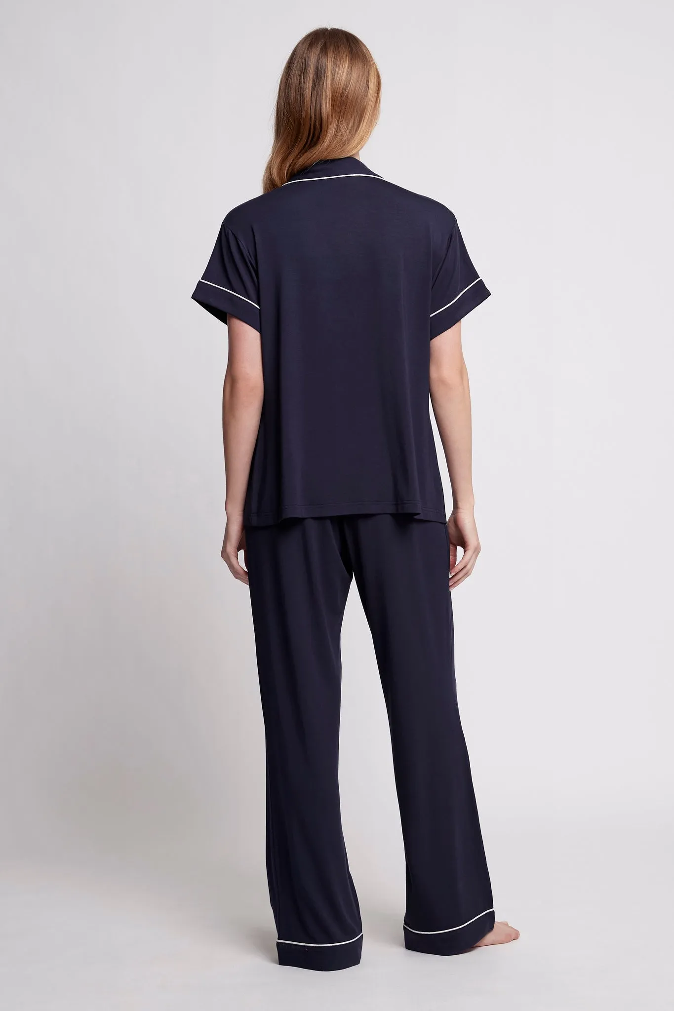 Petra Tencel™ Short Sleeve with Long Pant Pyjama Set - Navy with White Piping