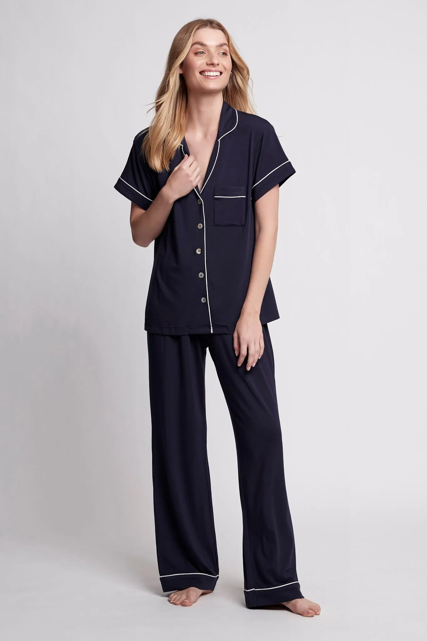 Petra Tencel™ Short Sleeve with Long Pant Pyjama Set - Navy with White Piping