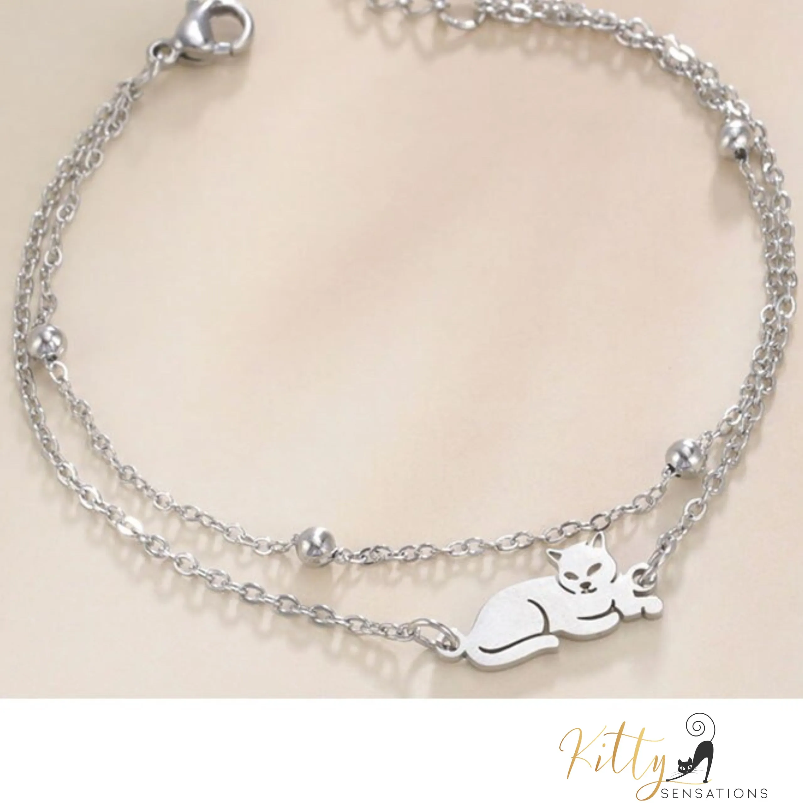 Sitting Cat, Two Chain - Very Feminine - Bracelet (Adjustable Length)