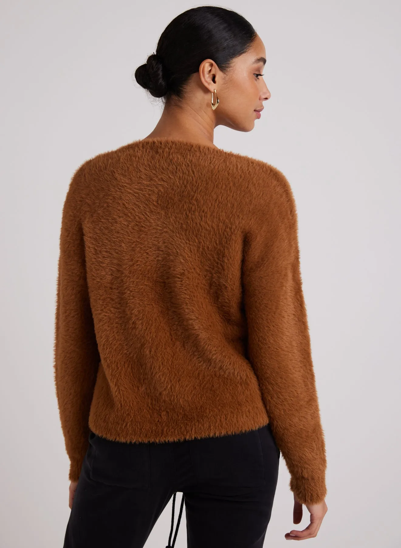 Slouchy V-Neck Fuzzy Sweater - Twilight Gold