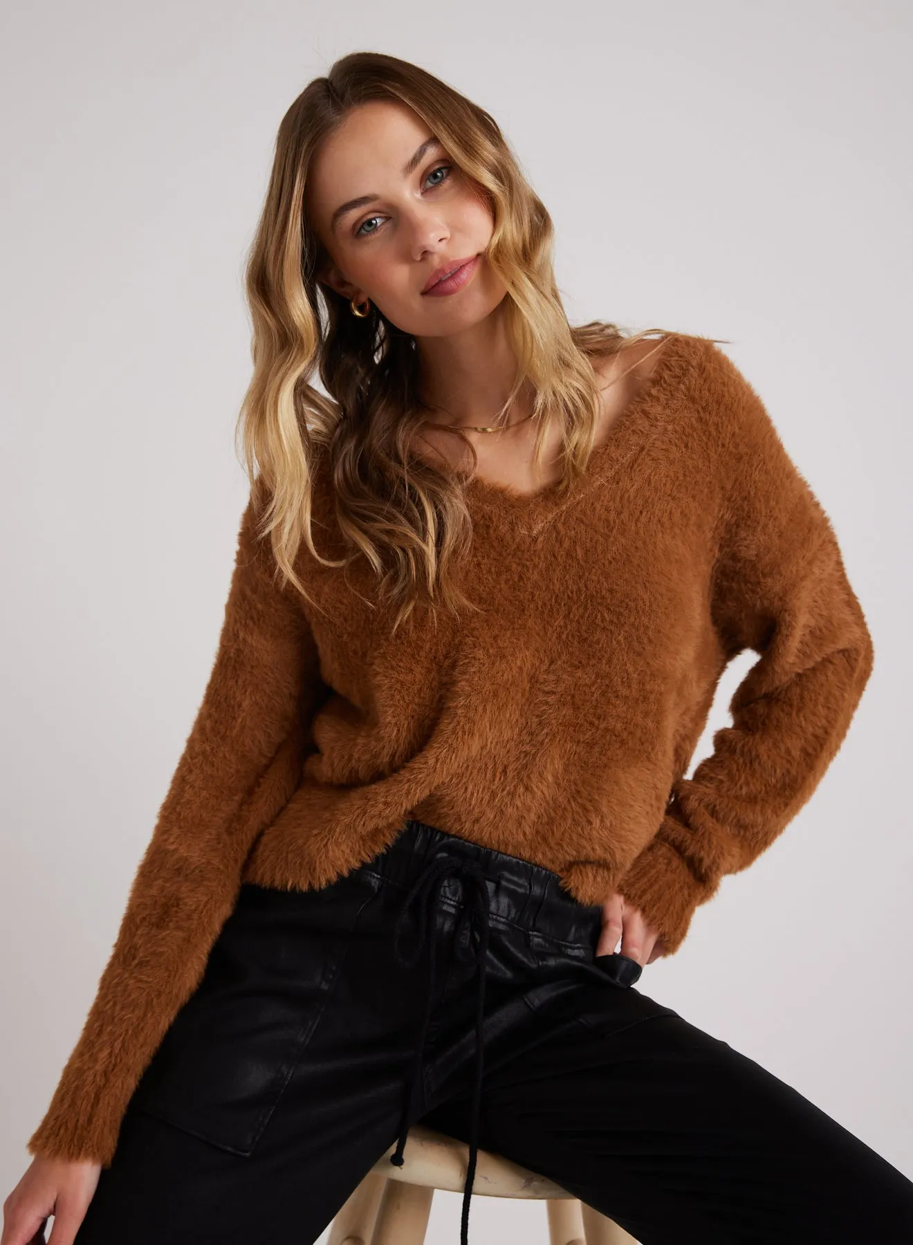 Slouchy V-Neck Fuzzy Sweater - Twilight Gold