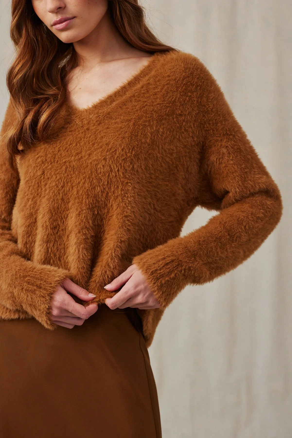 Slouchy V-Neck Fuzzy Sweater - Twilight Gold