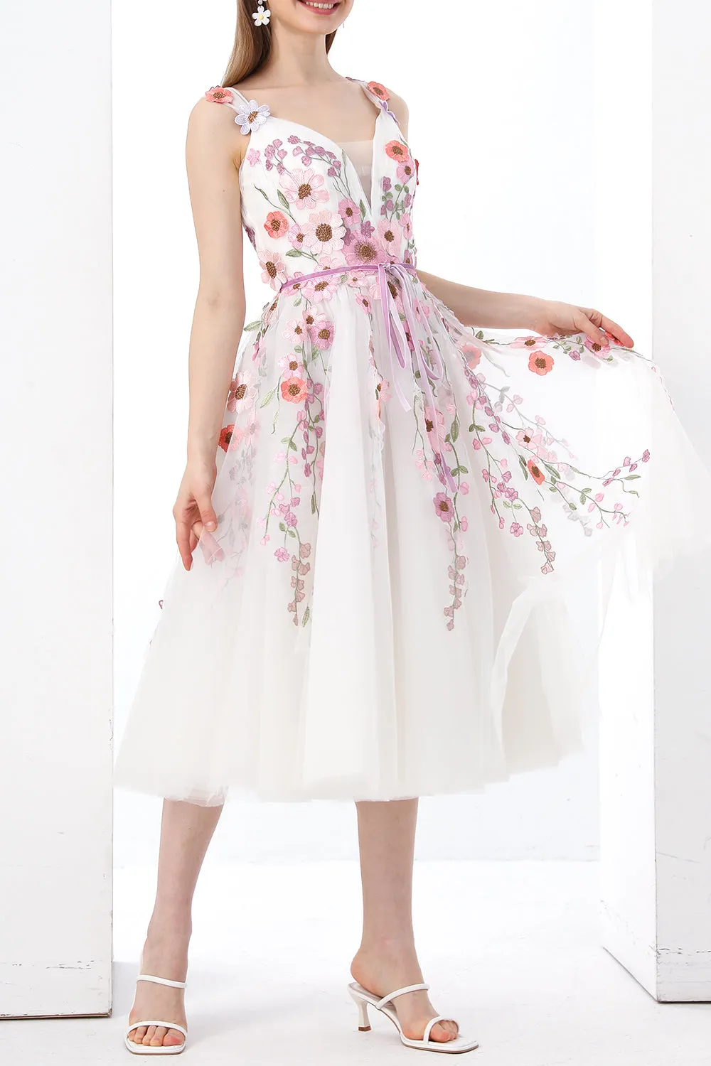 Straps V Neck Floral Applique Midi Ivory Dress