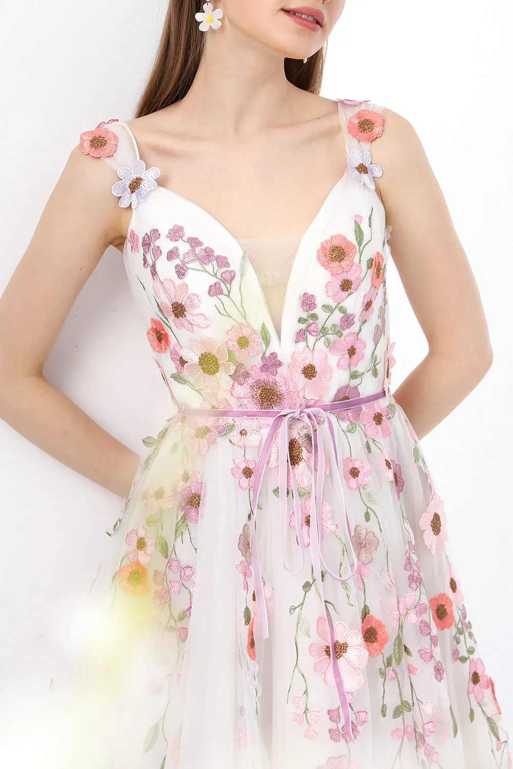 Straps V Neck Floral Applique Midi Ivory Dress