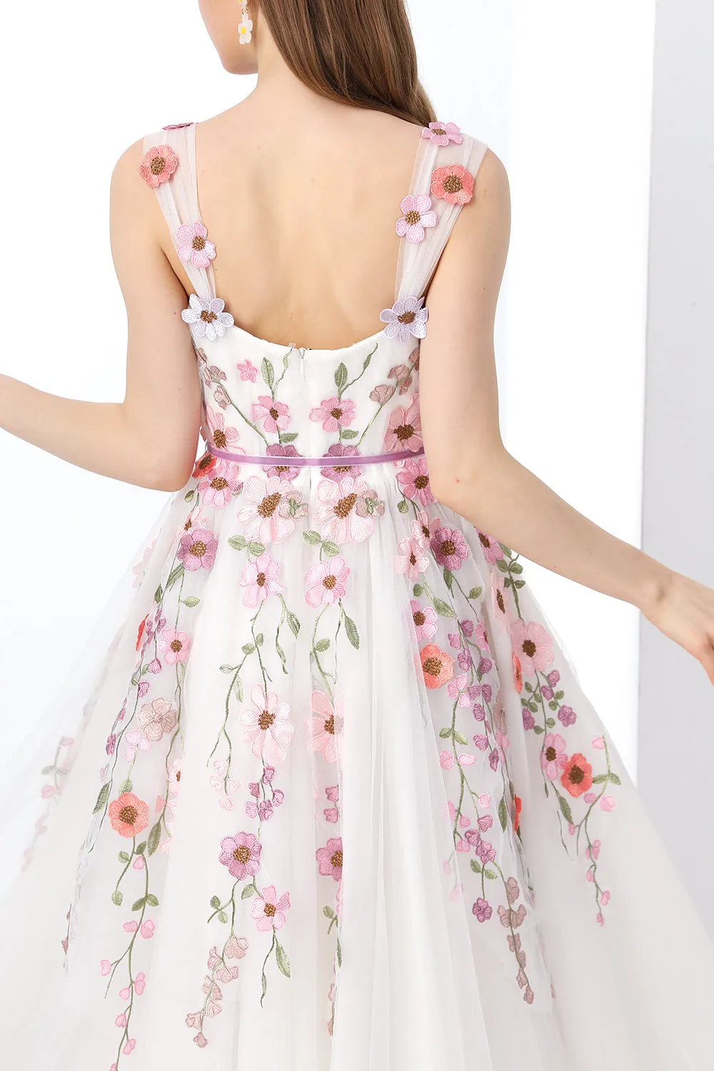 Straps V Neck Floral Applique Midi Ivory Dress