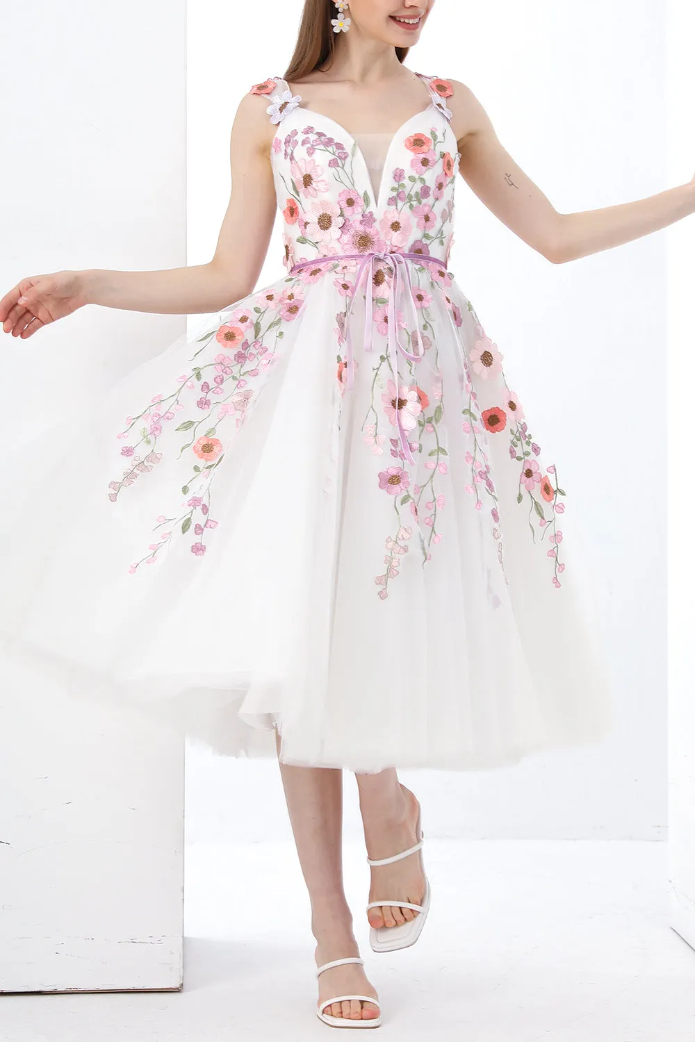 Straps V Neck Floral Applique Midi Ivory Dress