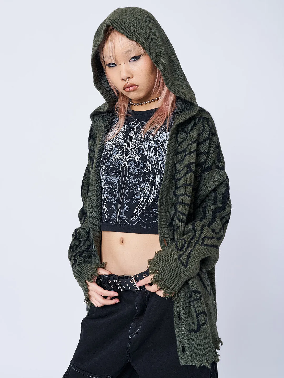 X-ray Jacquard Green Hooded Knit Cardigan