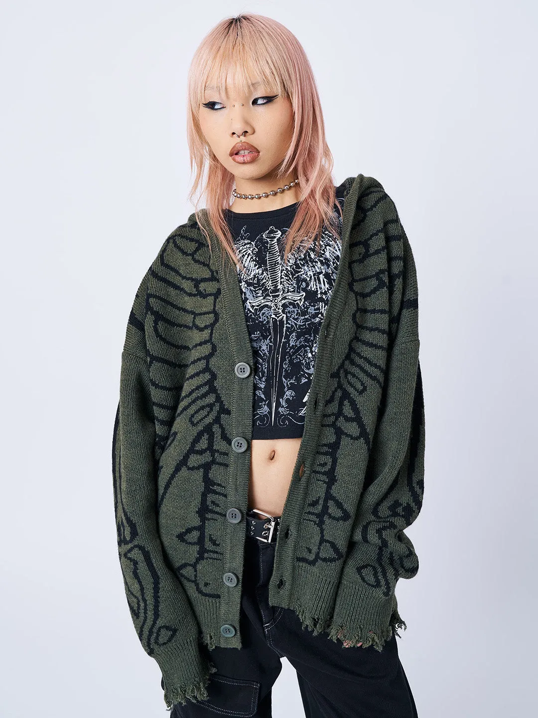 X-ray Jacquard Green Hooded Knit Cardigan