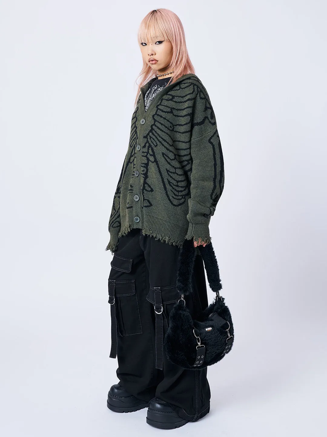 X-ray Jacquard Green Hooded Knit Cardigan