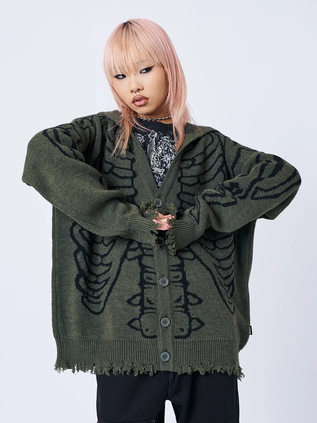 X-ray Jacquard Green Hooded Knit Cardigan