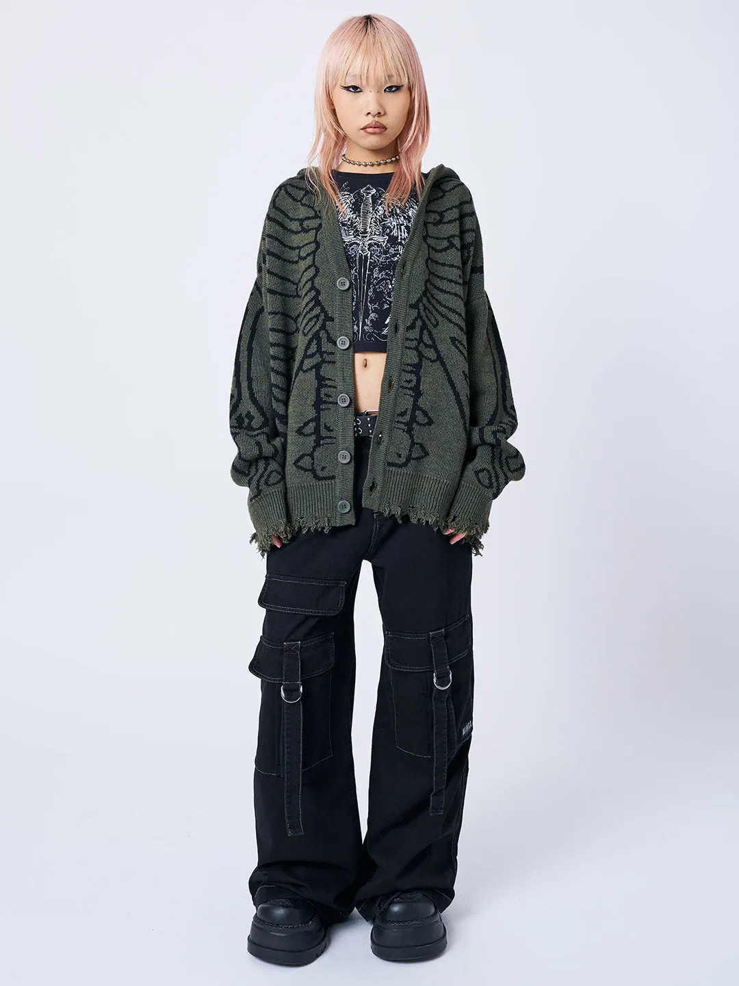 X-ray Jacquard Green Hooded Knit Cardigan